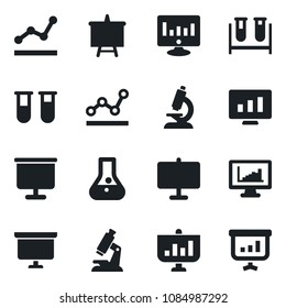 Set of vector isolated black icon - presentation board vector, statistic monitor, blood test vial, microscope, statistics, point graph, flask
