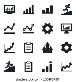Set of vector isolated black icon - growth statistic vector, settings, clipboard, monitor statistics, bar graph, point, career ladder, arrow up