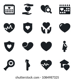 Set of vector isolated black icon - heart vector, pulse, diagnostic, shield, hand, medical calendar, pregnancy, sweet home