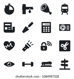 Set of vector isolated black icon - train vector, trowel, drip irrigation, heart pulse, barbell, eye, stopwatch, torch, cut, news, stapler, air conditioner, ham, wireless lock, combination