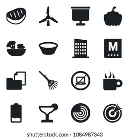 Set of vector isolated black icon - no laptop vector, radar, rake, pumpkin, folder document, low battery, presentation board, windmill, city house, menu, cocktail, coffee, salad, steak, bowl, target