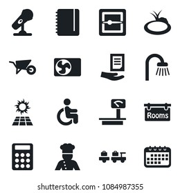 Set of vector isolated black icon - baggage larry vector, notepad, document, wheelbarrow, pond, disabled, heavy scales, microphone, scanner, calculator, rooms, bathroom, air conditioner, cook