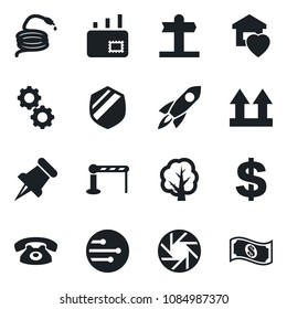 Set Of Vector Isolated Black Icon - Barrier Vector, Dollar Sign, Tree, Hose, Signpost, Up Side, Shield, Paper Pin, Mobile Camera, Network, Mail, Sweet Home, Phone, Gear, Rocket, Cash