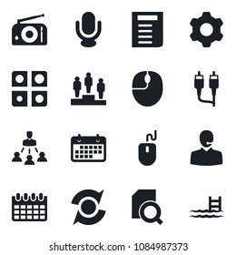 Set of vector isolated black icon - pedestal vector, mouse, document, calendar, term, radio, microphone, rca, settings, application, update, search, support, hierarchy, pool