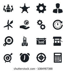 Set of vector isolated black icon - well vector, office phone, client, settings, alarm, target, meeting, sold signboard, estate search, gear, police, windmill, clock, investment, calculator