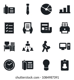 Set of vector isolated black icon - desk vector, document, bulb, office phone, clock, bar graph, pie, news, checklist, printer, tie, hierarchy, manager, pc, pass card