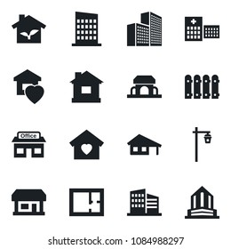 Set of vector isolated black icon - house vector, garden light, hospital, store, office building, with garage, fence, plan, sweet home, city, cafe, eco