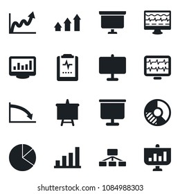 Set of vector isolated black icon - presentation board vector, circle chart, monitor pulse, clipboard, statistics, bar graph, pie, arrow up, growth, crisis, hierarchy