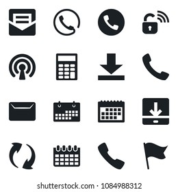 Set of vector isolated black icon - phone vector, calendar, call, update, mail, download, calculator, wireless lock, flag