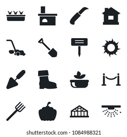 Set of vector isolated black icon - fence vector, job, trowel, farm fork, boot, lawn mower, house, seedling, sun, garden knife, plant label, pumpkin, fireplace, greenhouse, salad, sprinkler