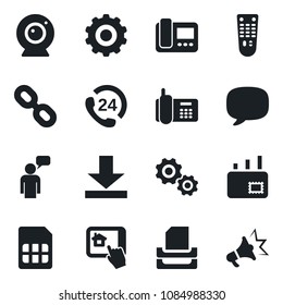 Set of vector isolated black icon - speaking man vector, gear, office phone, 24 hours, remote control, chain, message, sim, download, paper tray, mail, web camera, intercome, home app, advertising