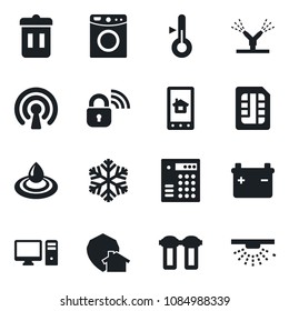Set of vector isolated black icon - sim vector, wireless lock, irrigation, snowflake, pc, home control app, water, filter, washer, thermometer, protect, trash bin, combination, battery, sprinkler