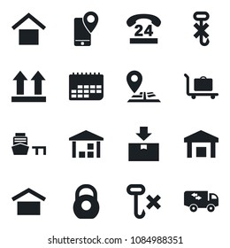 Set of vector isolated black icon - baggage trolley vector, navigation, 24 hours, mobile tracking, term, sea port, warehouse storage, up side sign, no hook, package, heavy, moving