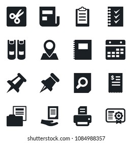 Set of vector isolated black icon - book vector, document search, drawing pin, printer, paper, calendar, cut, clipboard, copybook, news, folder, checklist, restaurant receipt, certificate