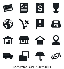 Set of vector isolated black icon - earth vector, pin, important flag, store, car delivery, receipt, folder document, fragile, umbrella, warehouse storage, no trolley, heavy, barcode, route