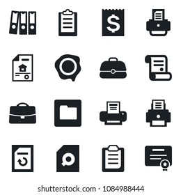 Set of vector isolated black icon - document reload vector, stamp, printer, contract, receipt, folder, clipboard, case, search, paper binder, estate, certificate
