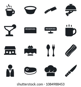 Set of vector isolated black icon - spoon and fork vector, coffee, waiter, restaurant table, cook hat, reserved, cocktail, bacon, cafe building, steak, bowl, knife