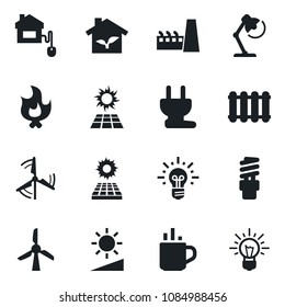 Set of vector isolated black icon - hot cup vector, fire, brightness, desk lamp, sun panel, windmill, factory, home control, eco house, power plug, radiator, energy saving bulb, idea