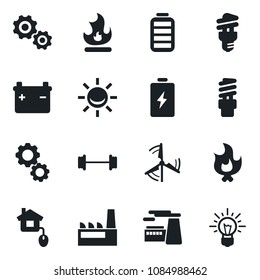 Set of vector isolated black icon - factory vector, fire, barbell, battery, windmill, home control, energy saving bulb, alarm led, gear, idea