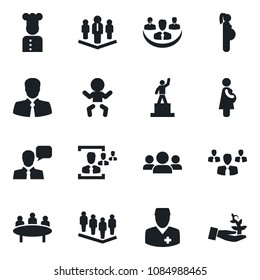 Set of vector isolated black icon - baby vector, pedestal, team, meeting, doctor, pregnancy, client, speaker, company, hr, cook, group, palm sproute