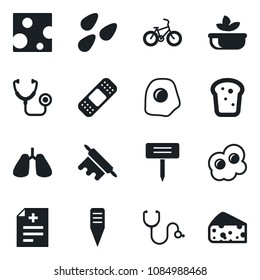 Set of vector isolated black icon - plant label vector, seeds, diagnosis, stethoscope, patch, bike, lungs, salad, bread, rolling pin, omelette, cheese