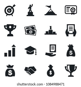 Set of vector isolated black icon - growth statistic vector, pedestal, graduate, money bag, document, cash, target, motivation, handshake, certificate, award cup