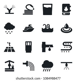 Set of vector isolated black icon - watering vector, rain, well, hose, drip irrigation, sea shipping, pool, drink, water heater, warm floor, sprinkler