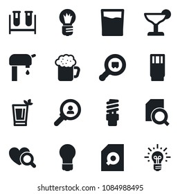 Set of vector isolated black icon - bulb vector, blood test vial, heart diagnostic, search cargo, document, water supply, drink, cocktail, phyto bar, beer, energy saving, consumer, idea