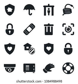 Set of vector isolated black icon - security gate vector, trash bin, safe, lock, glove, hose, patch, heart shield, umbrella, eye id, estate insurance, home protect, surveillance, crisis management