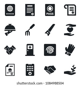 Set of vector isolated black icon - passport vector, medical room, garden fork, glove, saw, heart hand, fingerprint id, handshake, contract, estate document, waiter, remote control, palm sproute