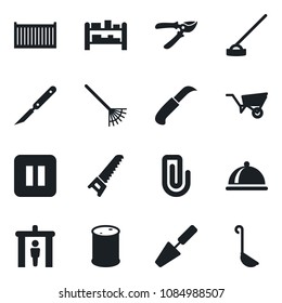 Set of vector isolated black icon - security gate vector, trowel, rake, wheelbarrow, pruner, saw, hoe, garden knife, scalpel, cargo container, oil barrel, rack, pause button, paper clip, dish, ladle