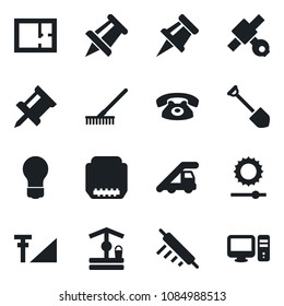 Set of vector isolated black icon - ladder car vector, drawing pin, bulb, job, rake, well, satellite, hdmi, brightness, cellular signal, plan, phone, rolling, pc