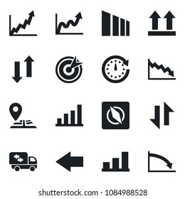 Set of vector isolated black icon - left arrow vector, navigation, up side sign, sorting, data exchange, compass, bar graph, moving, target, clock, growth, crisis