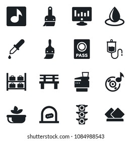 Set of vector isolated black icon - ticket office vector, passport, luggage storage, statistic monitor, water drop, bench, dropper, traffic light, themes, music, copier, salad, serviette