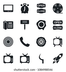 Set of vector isolated black icon - alarm clock vector, stamp, sickle, plant label, reel, vinyl, tv, call, office phone, open close, rocket