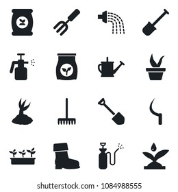 Set of vector isolated black icon - job vector, garden fork, shovel, rake, seedling, watering can, sproute, boot, sickle, sprayer, fertilizer, irrigation