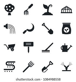 Set of vector isolated black icon - job vector, garden fork, shovel, farm, rake, watering can, wheelbarrow, sproute, sickle, plant label, greenhouse, fertilizer, drip irrigation, fruit tree