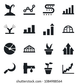 Set of vector isolated black icon - growth statistic vector, seedling, sproute, sickle, greenhouse, drip irrigation, bar graph, pie, point, arrow up