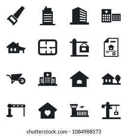 Set of vector isolated black icon - barrier vector, airport building, office, wheelbarrow, saw, hospital, house, with garage, tree, plan, estate document, sweet home, city, crane