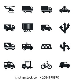 Set of vector isolated black icon - taxi vector, alarm car, fork loader, helicopter, ambulance, bike, route, truck trailer, delivery, moving