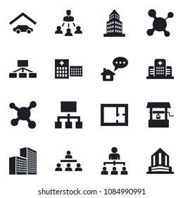 Set of vector isolated black icon - hierarchy vector, well, molecule, hospital, office building, garage, plan, home message