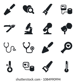 Set of vector isolated black icon - trowel vector, pruner, saw, stethoscope, blood pressure, heart diagnostic, microscope, microphone, thermometer