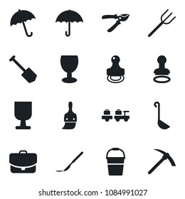 Set of vector isolated black icon - umbrella vector, stamp, baggage larry, job, farm fork, bucket, pruner, scalpel, fragile, themes, ladle, case, hard work