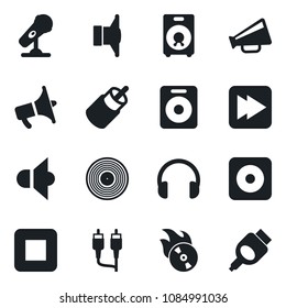 Set of vector isolated black icon - vinyl vector, flame disk, microphone, speaker, loudspeaker, headphones, stop button, fast forward, rec, rca, hdmi