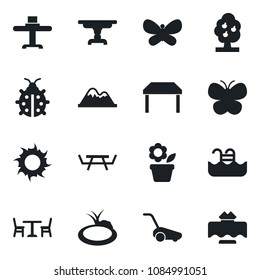 Set of vector isolated black icon - cafe vector, flower in pot, lawn mower, butterfly, lady bug, sun, pond, picnic table, pool, fruit tree, mountains, restaurant