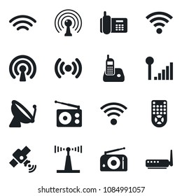 Set of vector isolated black icon - satellite antenna vector, office phone, radio, remote control, wireless, cellular signal, router