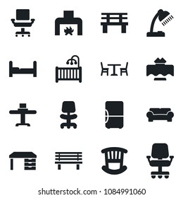 Set of vector isolated black icon - cafe vector, office chair, desk, bench, lamp, bedroom, children room, cushioned furniture, fireplace, restaurant table, fridge