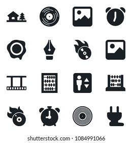 Set of vector isolated black icon - elevator vector, alarm clock, abacus, stamp, film frame, vinyl, flame disk, gallery, ink pen, house with tree, power plug