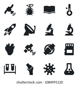 Set of vector isolated black icon - satellite antenna vector, book, blood test vial, microscope, real heart, joint, virus, sd, thermometer, rocket, flask