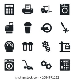 Set of vector isolated black icon - fork loader vector, gear, lawn mower, ripper, tomography, printer, copier, washer, crane, water filter, combination lock